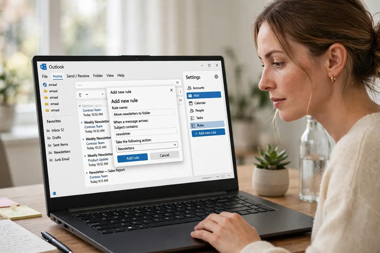 A person performing the first step: Open the Rules settings. Settings > Mail > Rules > Add new rule — new Outlook and web. Classic: File > Manage Rules >.