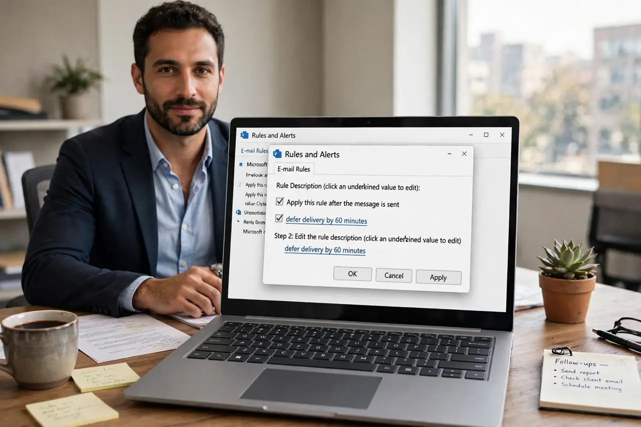 An adult at a desk using a real Windows laptop showing the Outlook rules wizard with the defer delivery option legible, the person's face calm and confident, office.