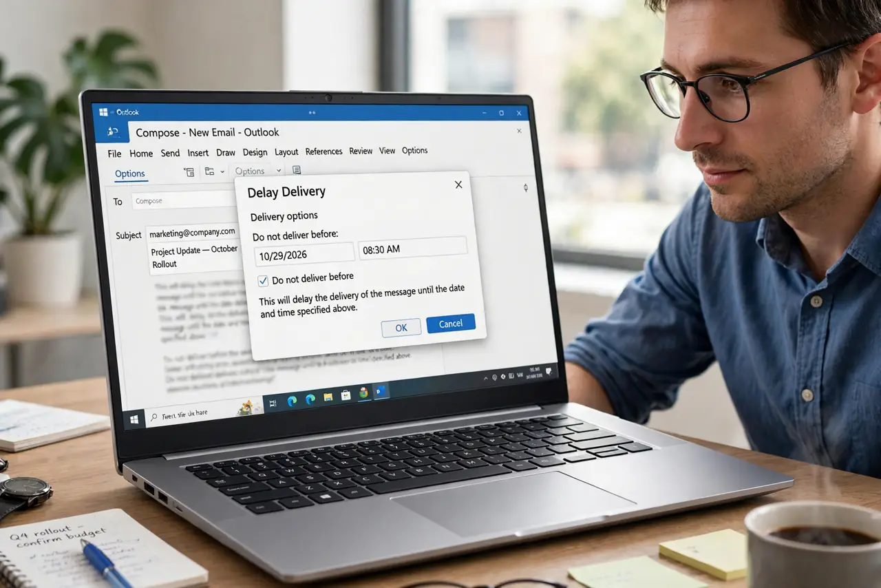 A person performing the first step: Open Delay Delivery for the message. In the compose window, open the Options tab and click Delay Delivery. The dialog.