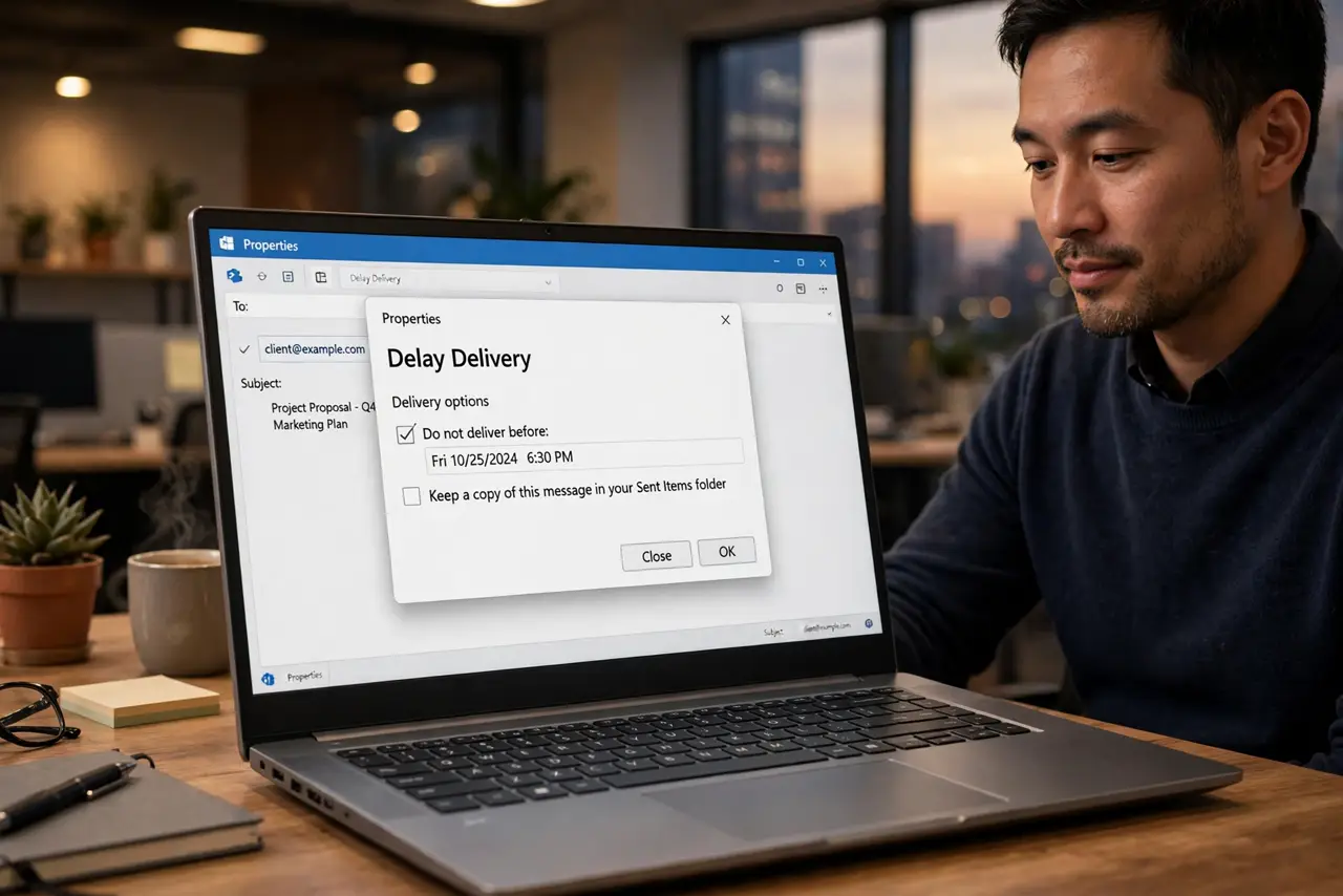 An adult at an office desk using a real Windows laptop showing the Outlook delay delivery dialog with legible text, the person's face calm, evening office light.