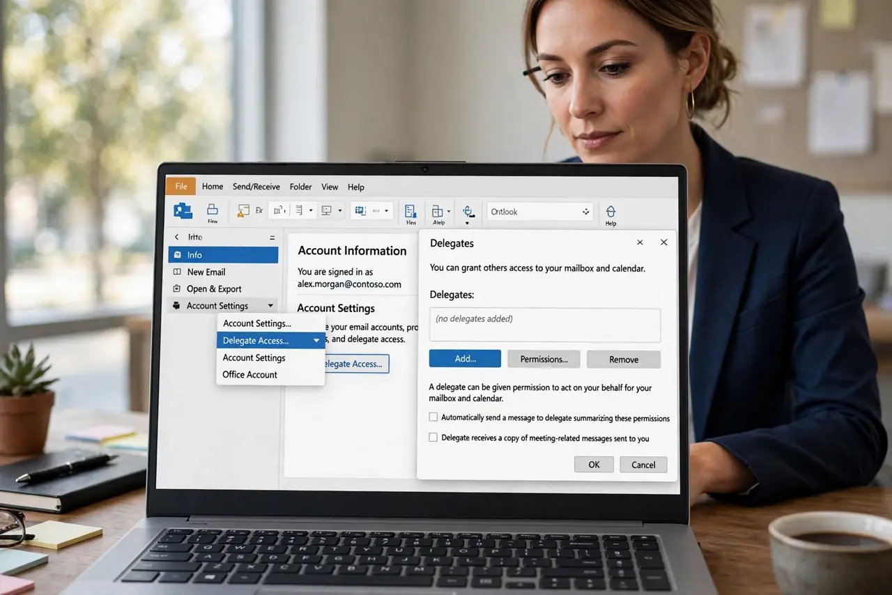A person performing the first step: Open Delegate Access. File > Account Settings > Delegate Access. This is the front door — everything about inbox.