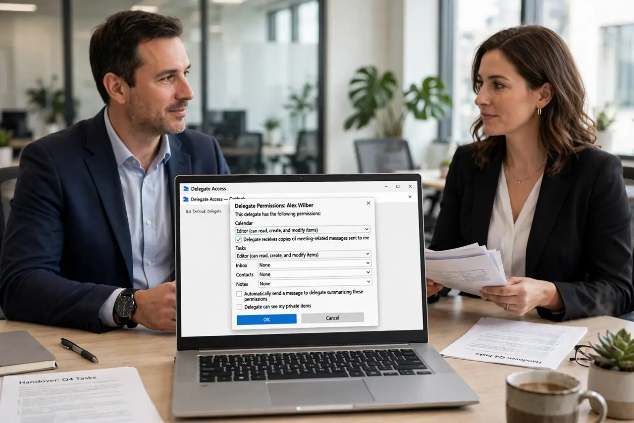 Two adults in an office, one handing over work at a desk with a real Windows laptop showing Outlook delegate settings with legible text, both faces professional and calm.