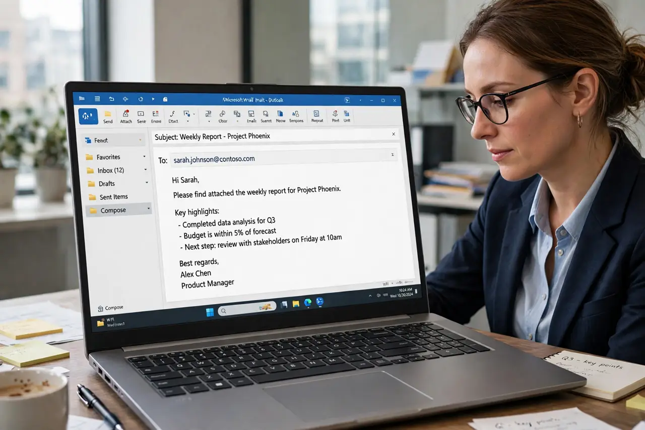 An adult at a desk using a real Windows laptop showing an Outlook template being filled in with legible text, the person's face efficient, office.