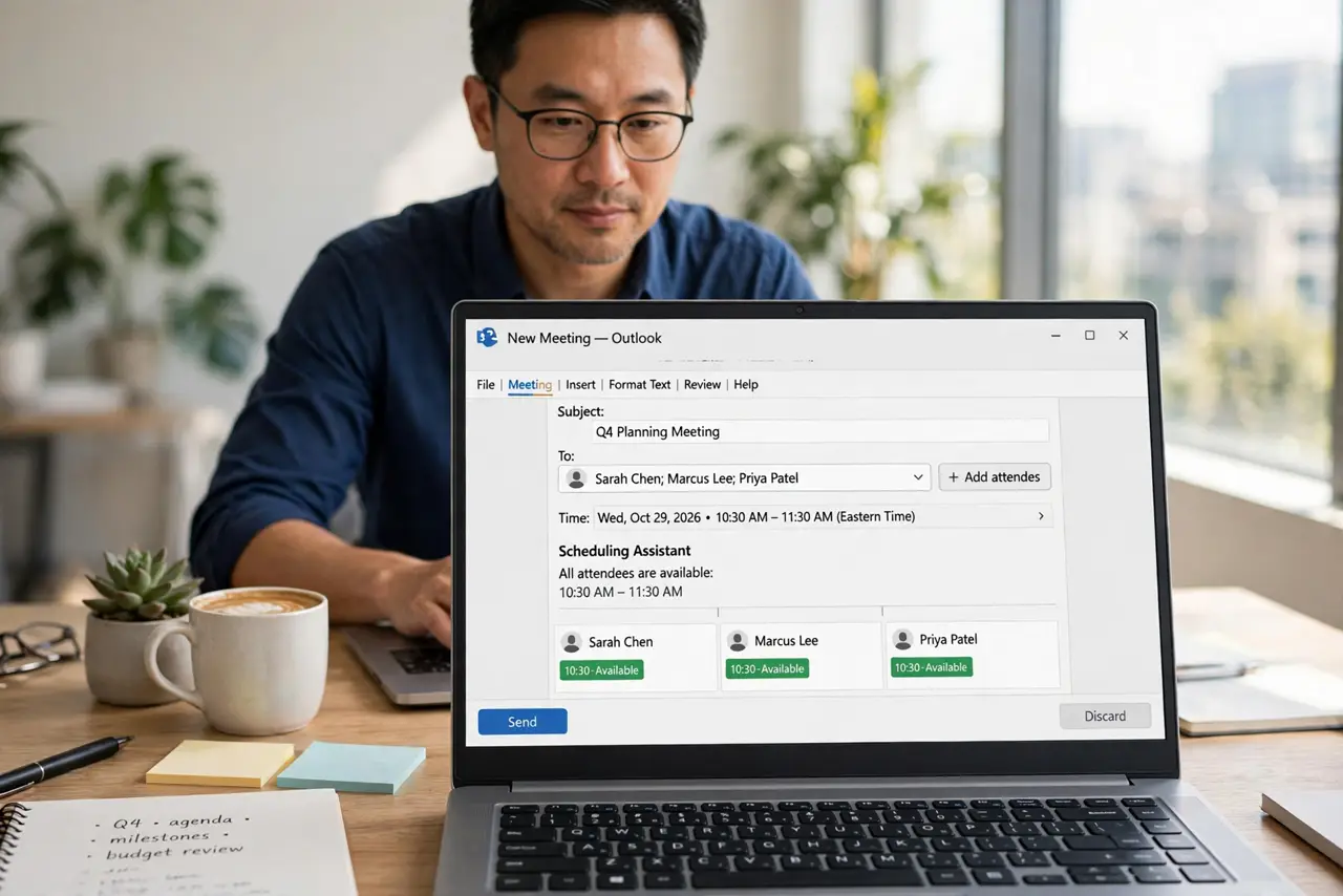 A person performing the first step: Start a real meeting invite. New Meeting, not an email — the scheduling tools only live on invites. Add every attendee.