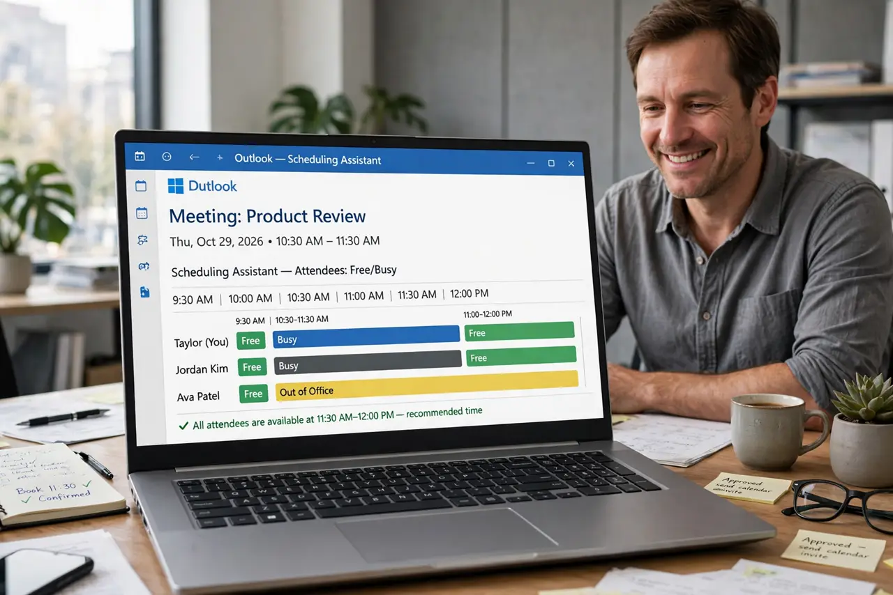 An adult at an office desk using a real Windows laptop showing the Outlook scheduling view with free and busy bars fully legible, the person's face relieved, office.