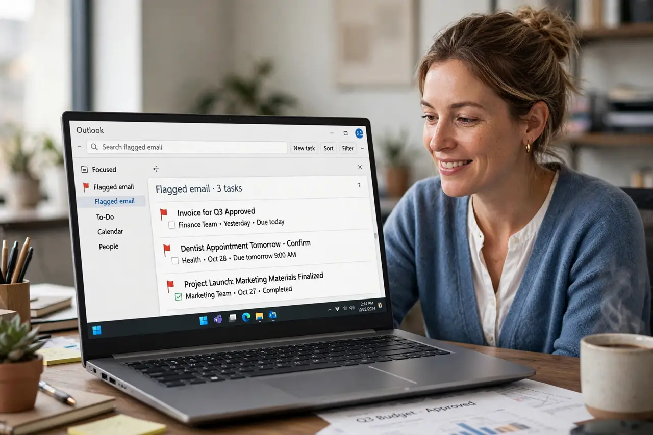 An adult at a desk using a real Windows laptop showing the Outlook To-Do list with flagged emails fully legible, the person's face relieved, office.