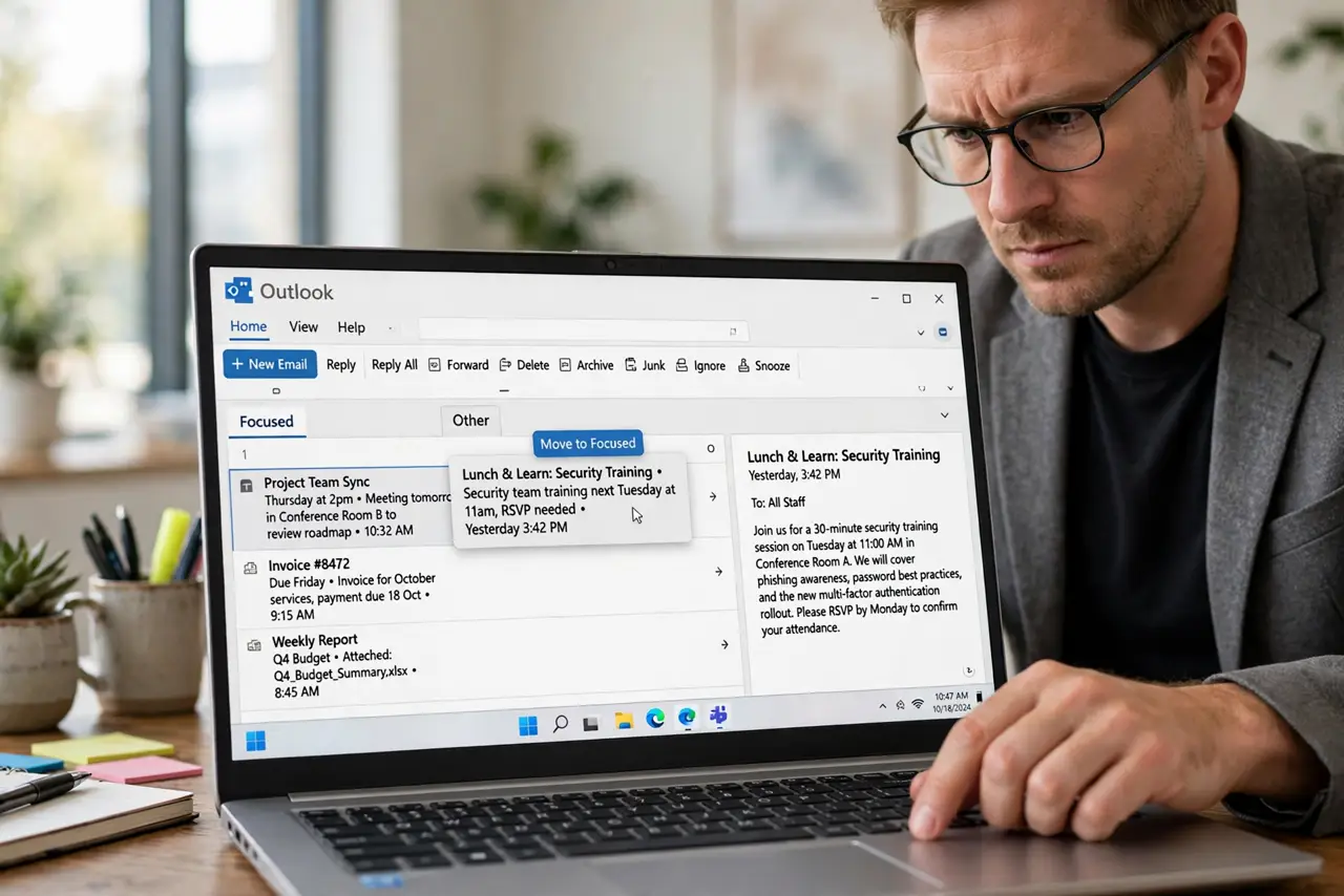 a person looking at a real laptop showing Outlook with Focused and Other tabs, dragging an email between them to train it, the person's face determined, bright office. No black scr.