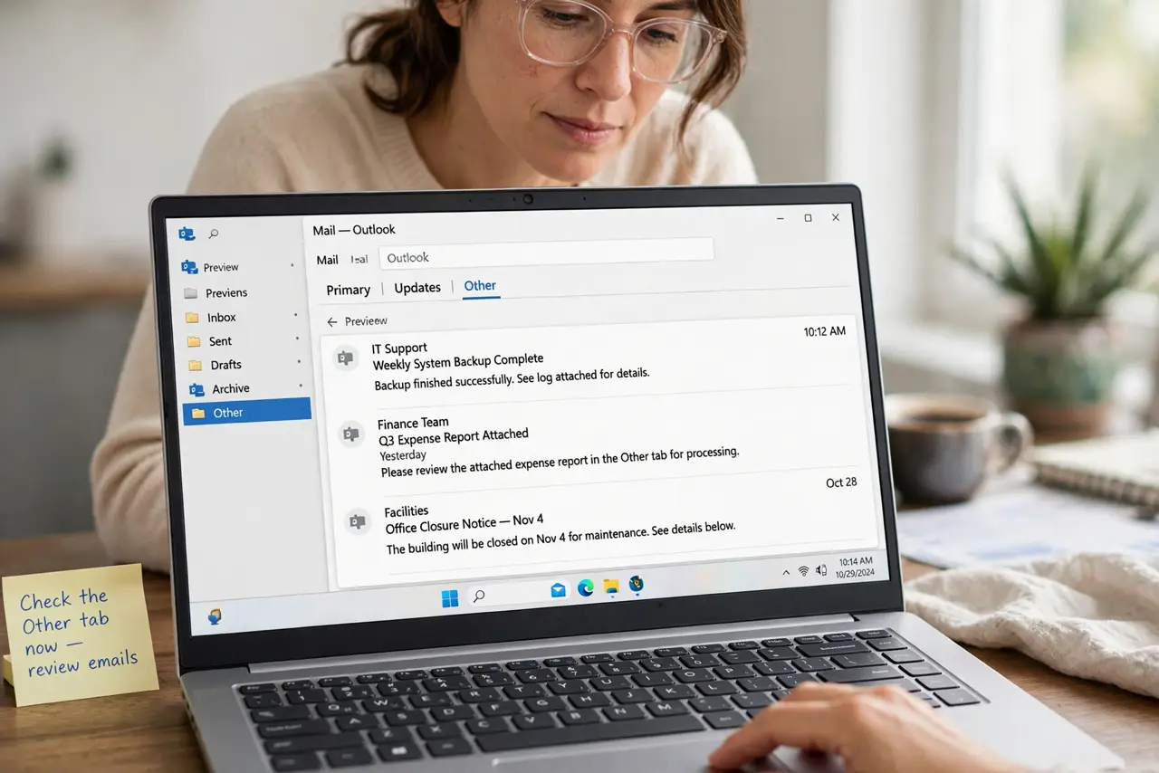 Step 1 in action for Outlook Focused Inbox Hides Email: Check the Other tab now.