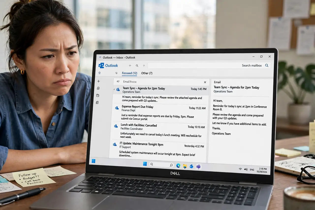 Outlook Focused Inbox Hides Email — a slightly annoyed adult at a desk with a real laptop showing Outlook's Focused and Other tabs with fully legi