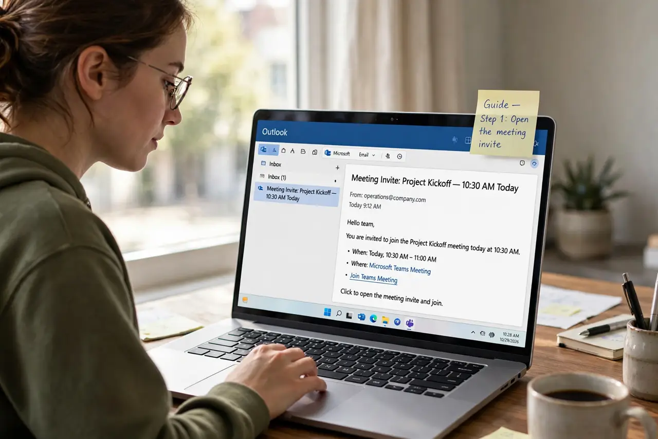A person doing the guide's first step: Open the meeting invite.