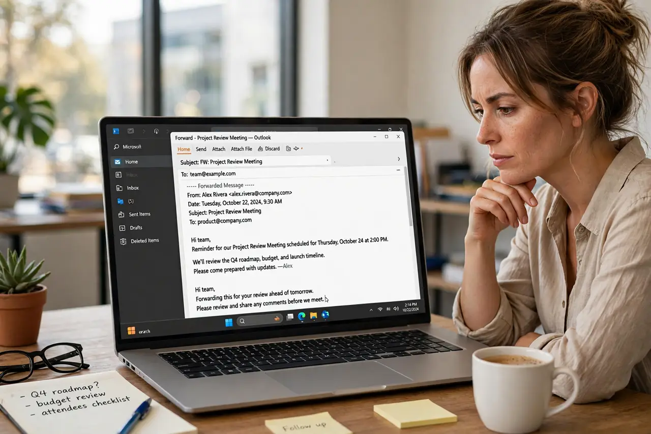 A person forwarding a meeting invite on a real laptop screen showing Outlook with a forwarded invite composition window, the person's face thoughtful, office desk.
