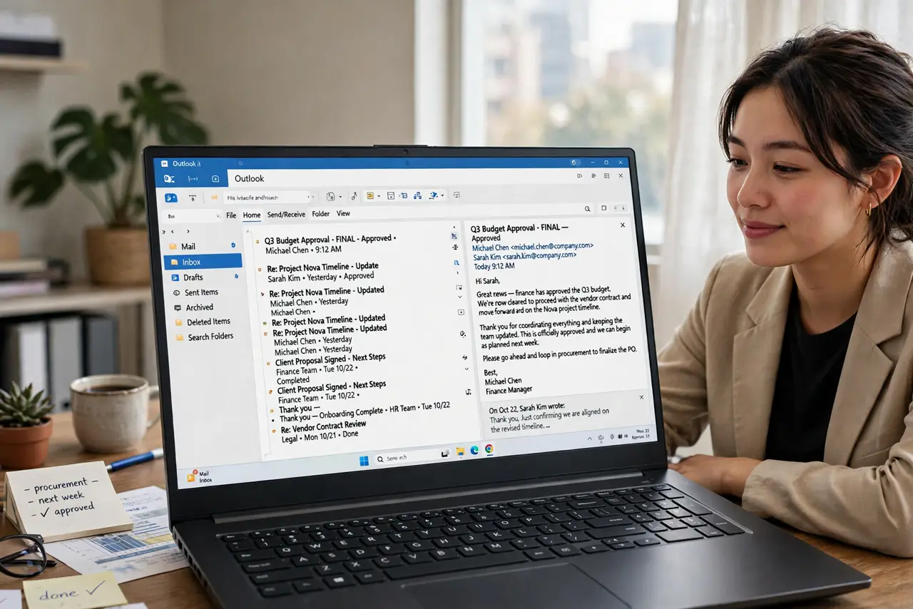 A person looking relieved at a real Windows laptop showing Outlook with a long email thread and legible subject lines, the person's face calm, office desk.