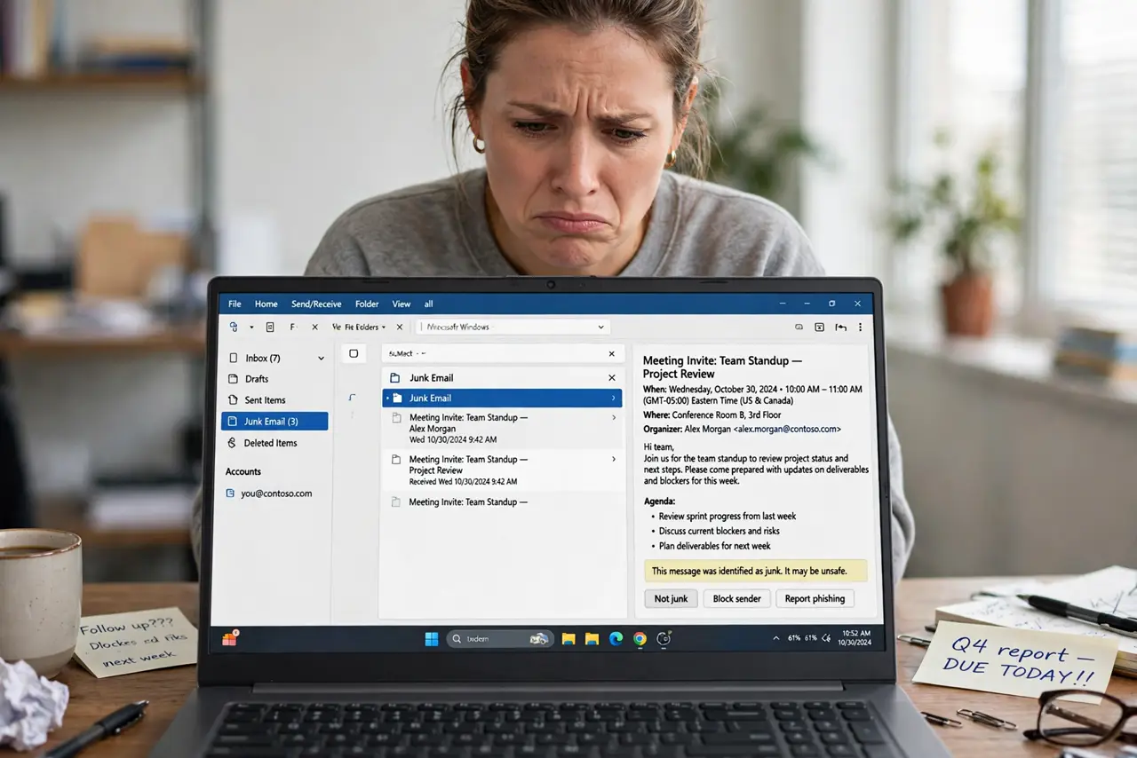 Meeting Invites Land in Spam — a frustrated adult at a desk with a real laptop showing Outlook's Junk Email folder containing a meeting invit
