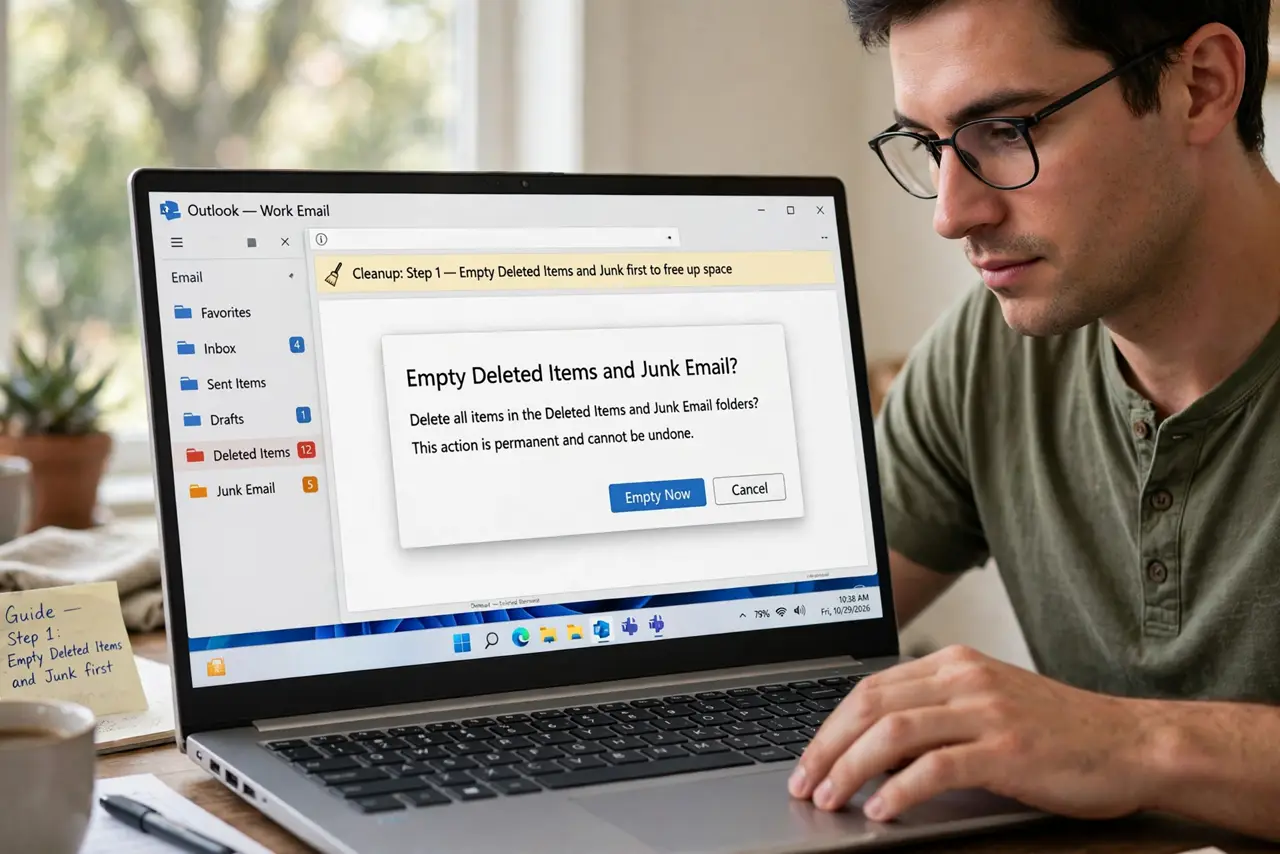 A person doing the guide's first step: Empty Deleted Items and Junk first.
