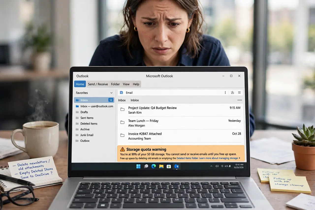 A person looking at a real laptop screen showing Outlook with a storage quota warning bar legible on screen, the person's face concerned, office desk.