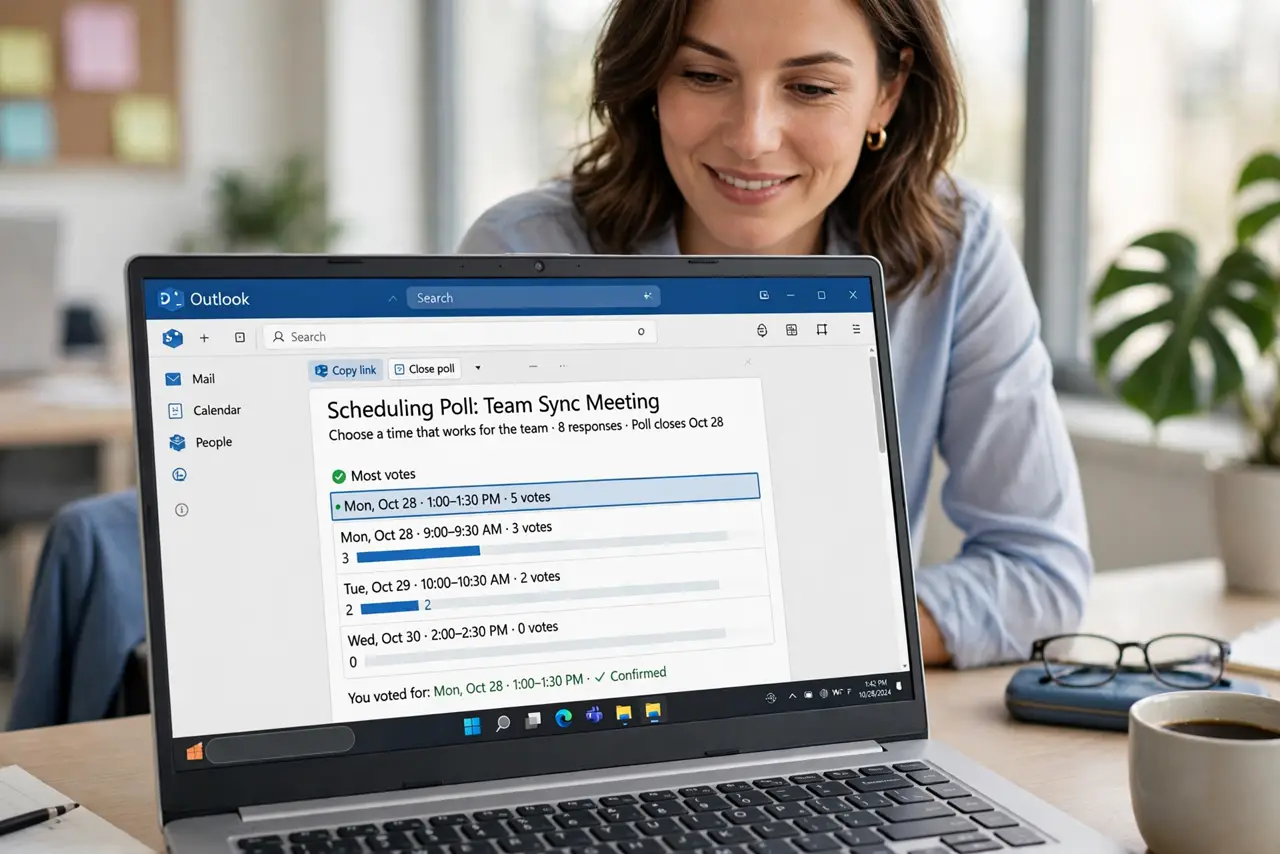 a person using a real laptop showing Outlook with a scheduling poll open and legible time options with votes, the person's face relieved, bright office.