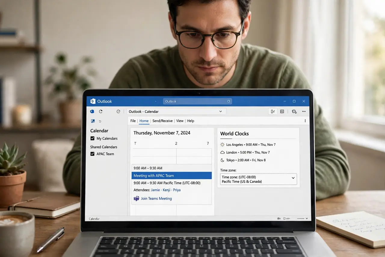 A person checking a meeting time on a real laptop screen showing Outlook with a world clock and time zone selector visible, the person's face focused, home office.