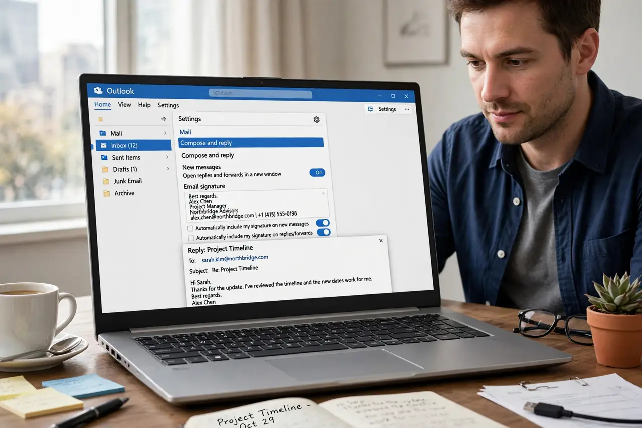A person performing the first step: Open the signature settings. Settings > Mail > Compose and reply > Email signature — new Outlook and web. Classic: File.