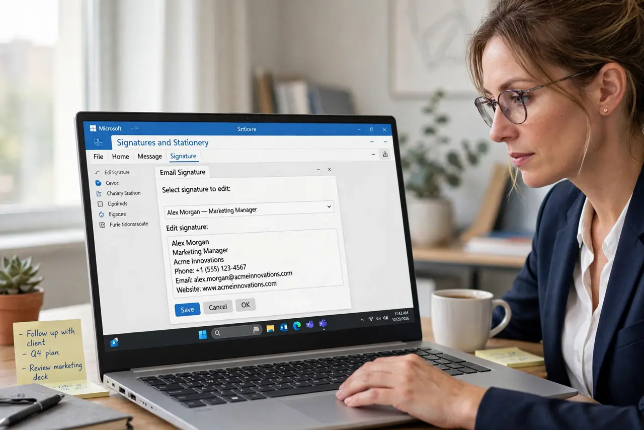 An adult at a desk using a real Windows laptop showing the Outlook signature editor with legible text, the person's face attentive, office.