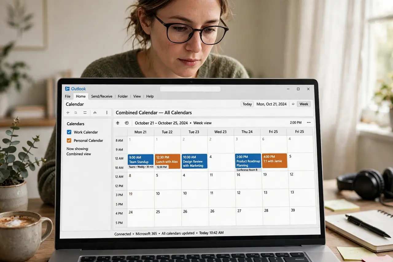 A person viewing a merged calendar overlay on a real laptop screen showing Outlook with combined events in one grid, the person's face focused, home office.