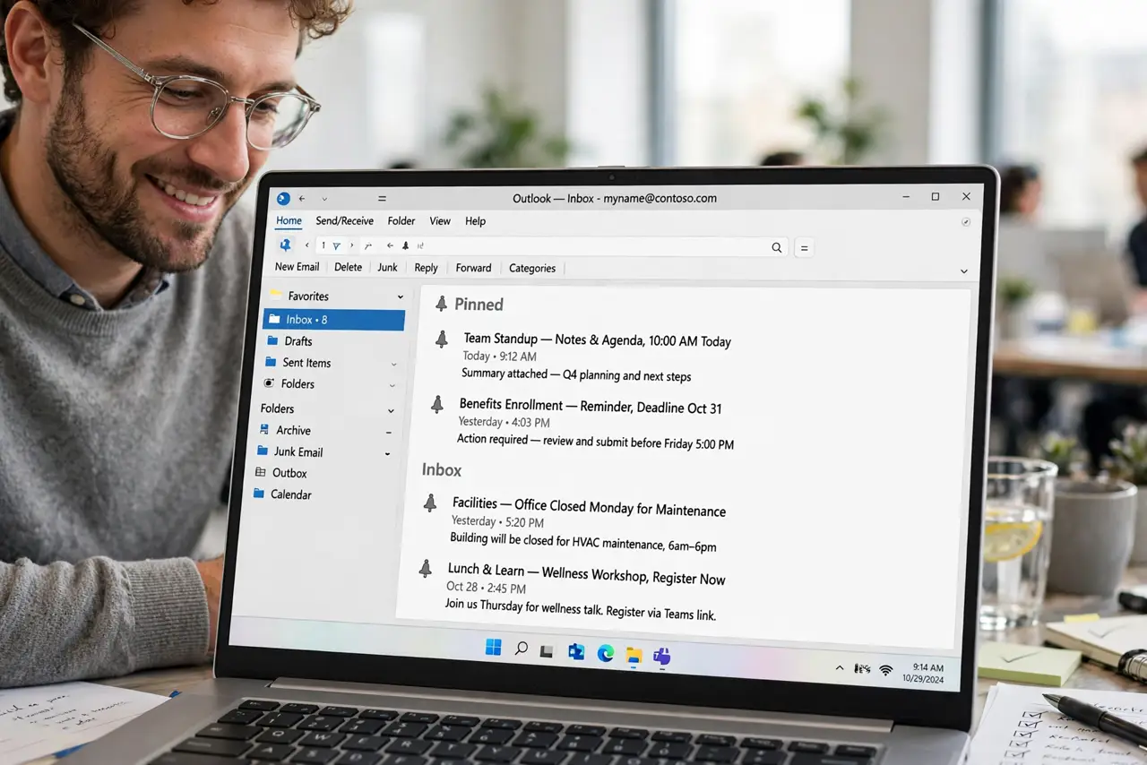 a person looking at a real laptop showing Outlook with pinned emails docked at the top of the inbox, the person's face relieved, bright office. No black screen, no blank white scre.