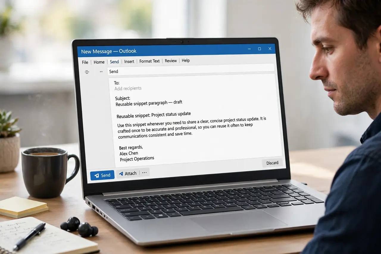 A person performing the first step: Write the snippet once, well. Draft the paragraph in a new message exactly as you will reuse it — tone, links.