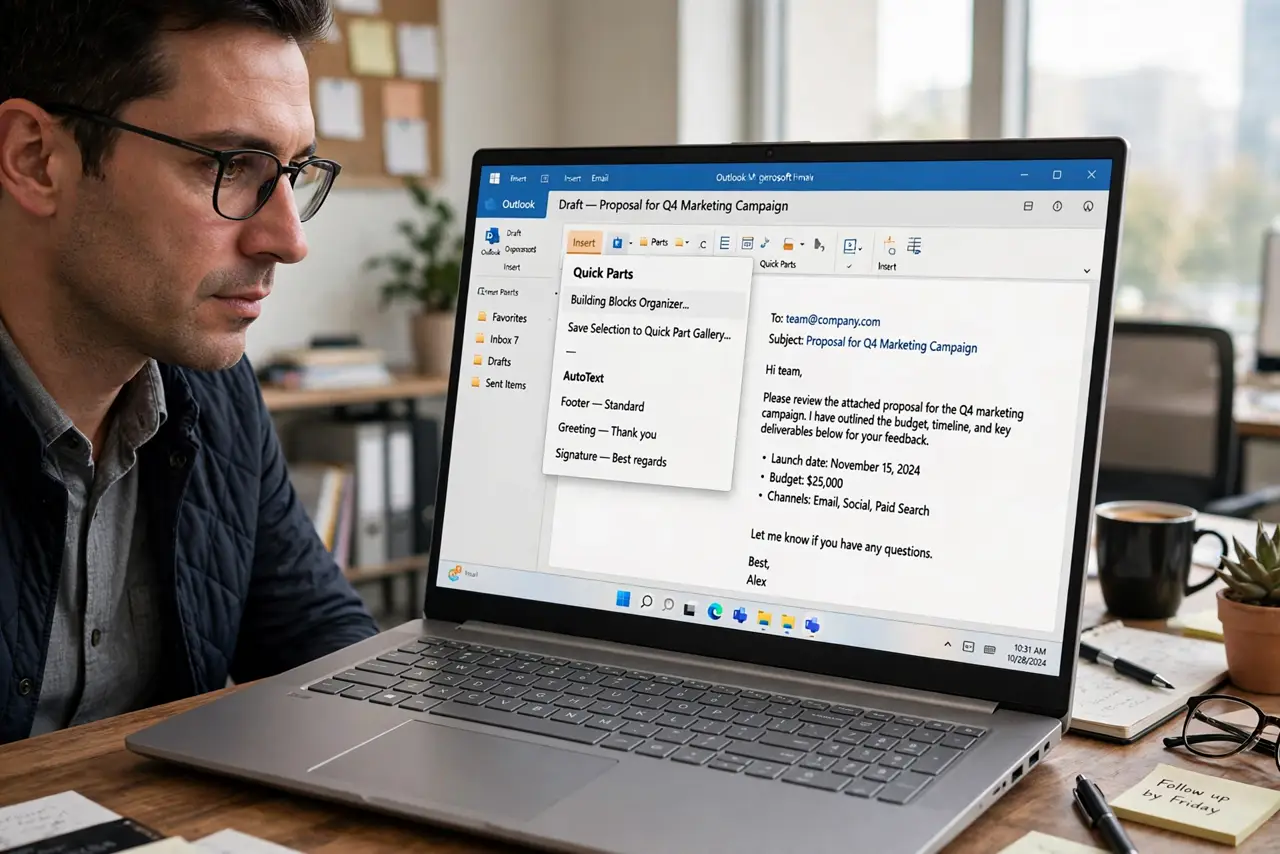 An adult at a desk using a real Windows laptop showing an Outlook email draft with the Quick Parts menu open and legible text, the person's face focused, office.