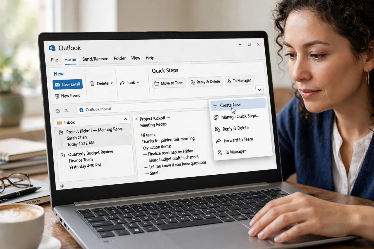 A person performing the first step: Open the Quick Steps gallery. On the Home tab, find the Quick Steps box and click the small arrow to expand it, then.