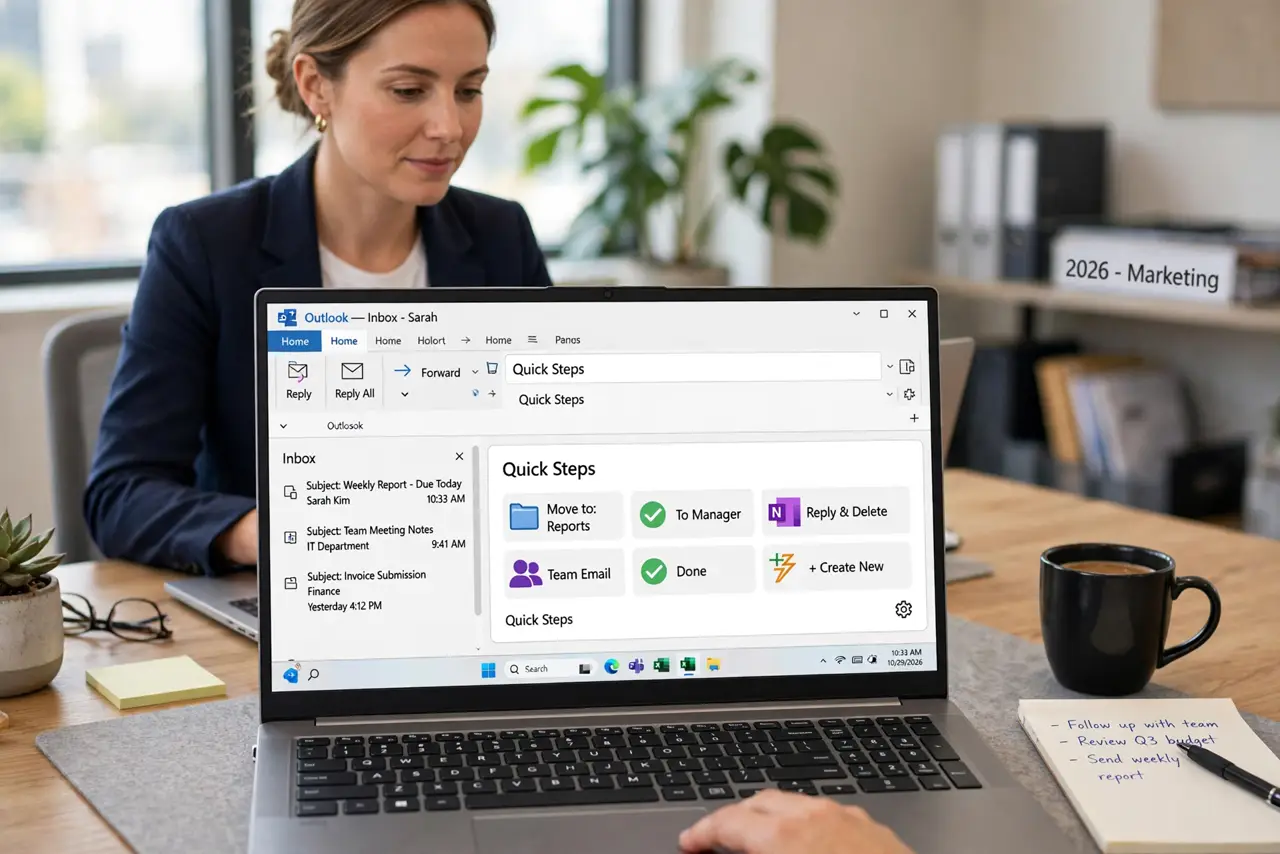 An adult at an office desk using a real Windows laptop showing the Outlook Quick Steps gallery with legible text, the person's face efficient and calm, office.