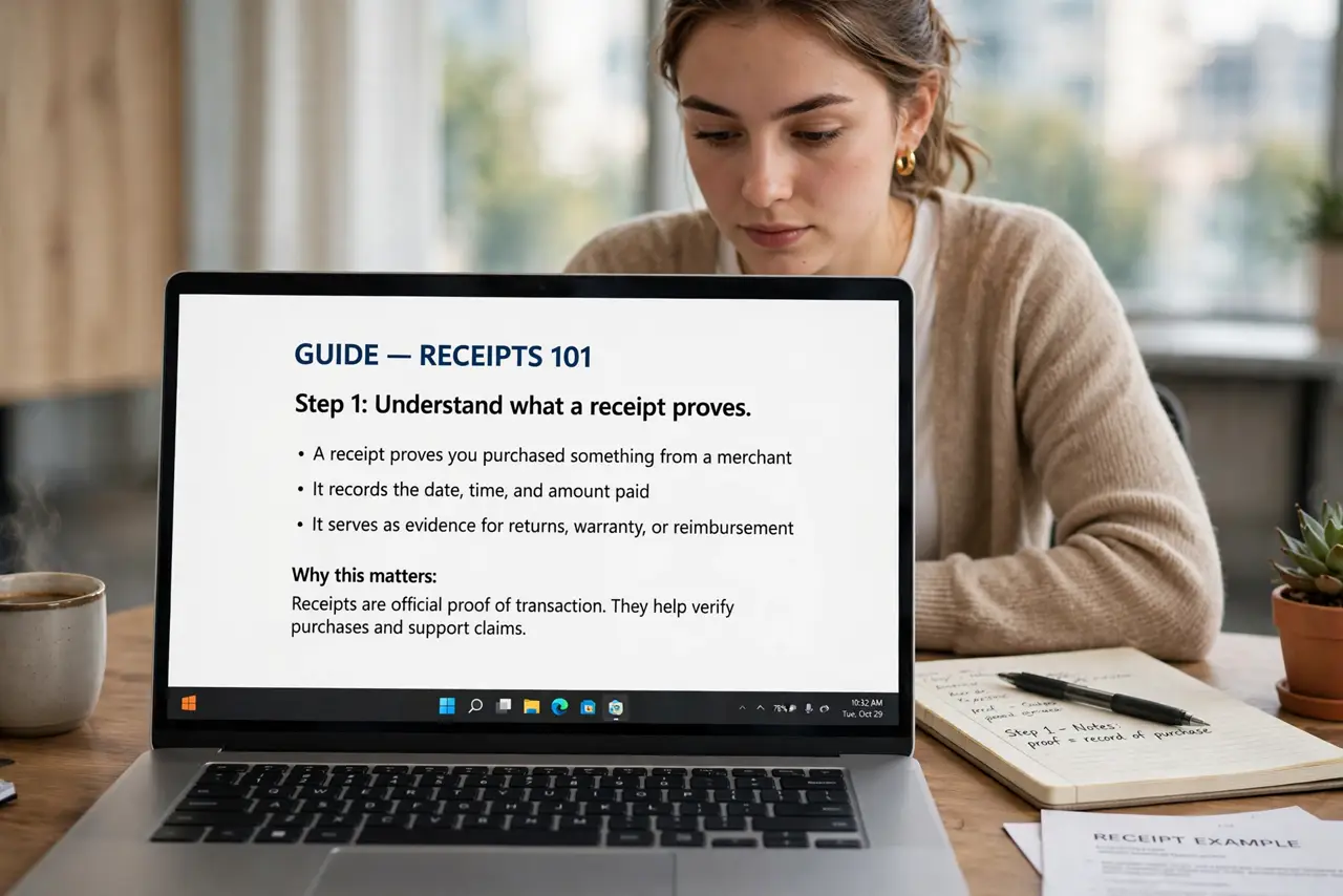 A person doing the guide's first step: Understand what a receipt proves.