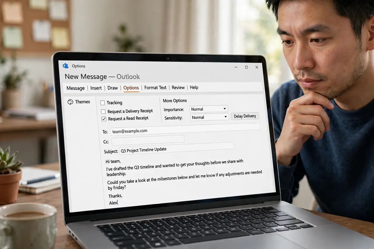 A person composing an email on a real laptop screen showing Outlook's new message window with the Options tab visible, the person's face thoughtful, home office.