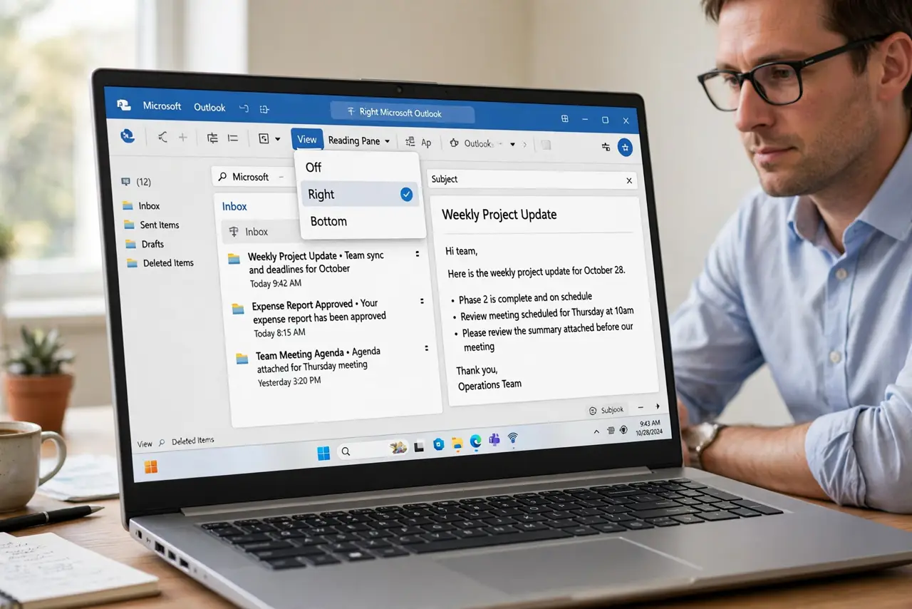 A person performing the first step: Open the Reading Pane menu. Go to View > Reading Pane. Three choices: Right, Bottom, Off — plus Options for the fine.