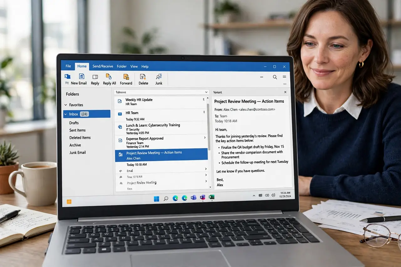 An adult at a desk using a real Windows laptop showing Outlook with the reading pane on the right and legible email text, the person's face comfortable, office.