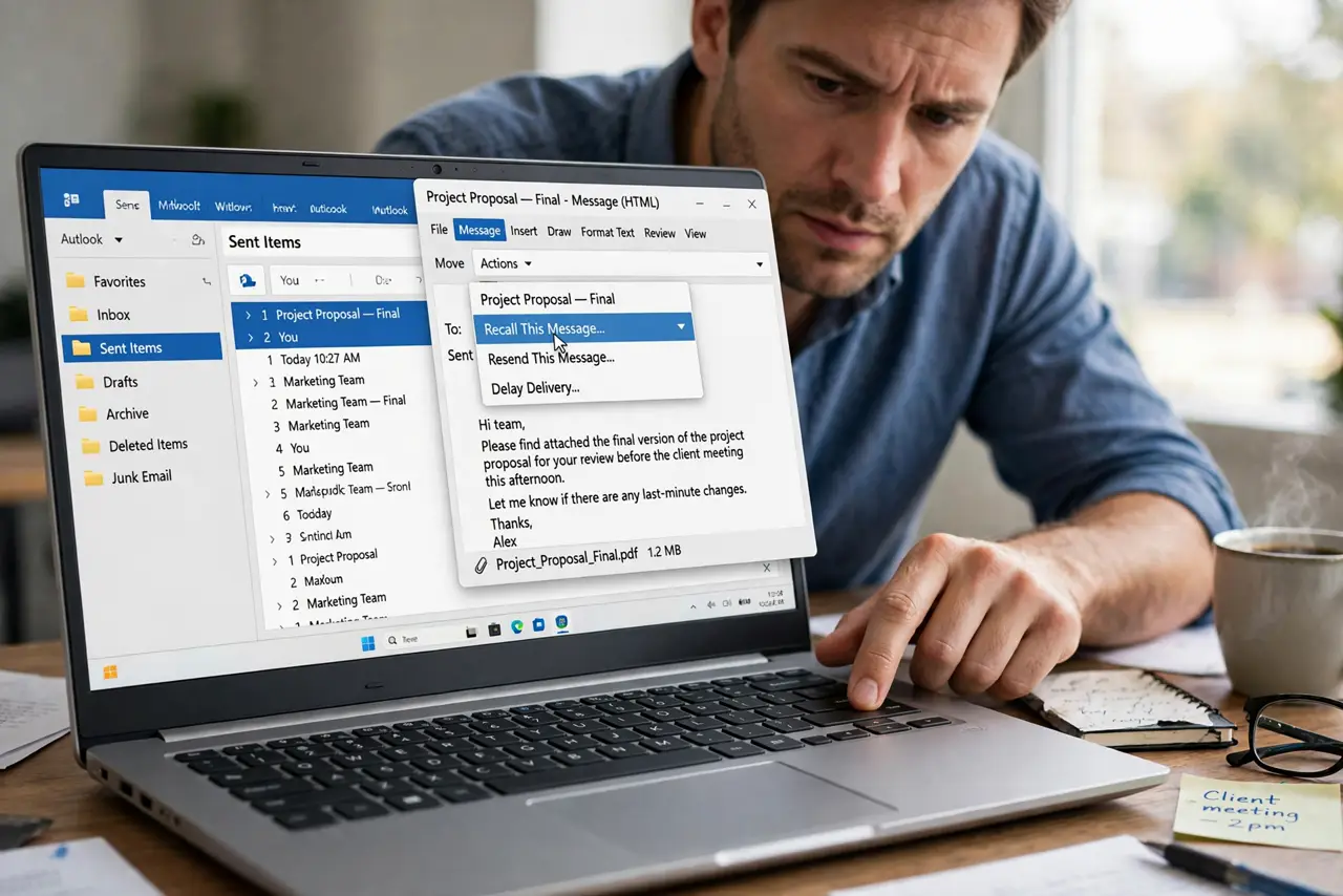 A person performing the first step: Act within minutes. Recall only has a chance against unread mail. Open Sent Items and double-click the message to open.