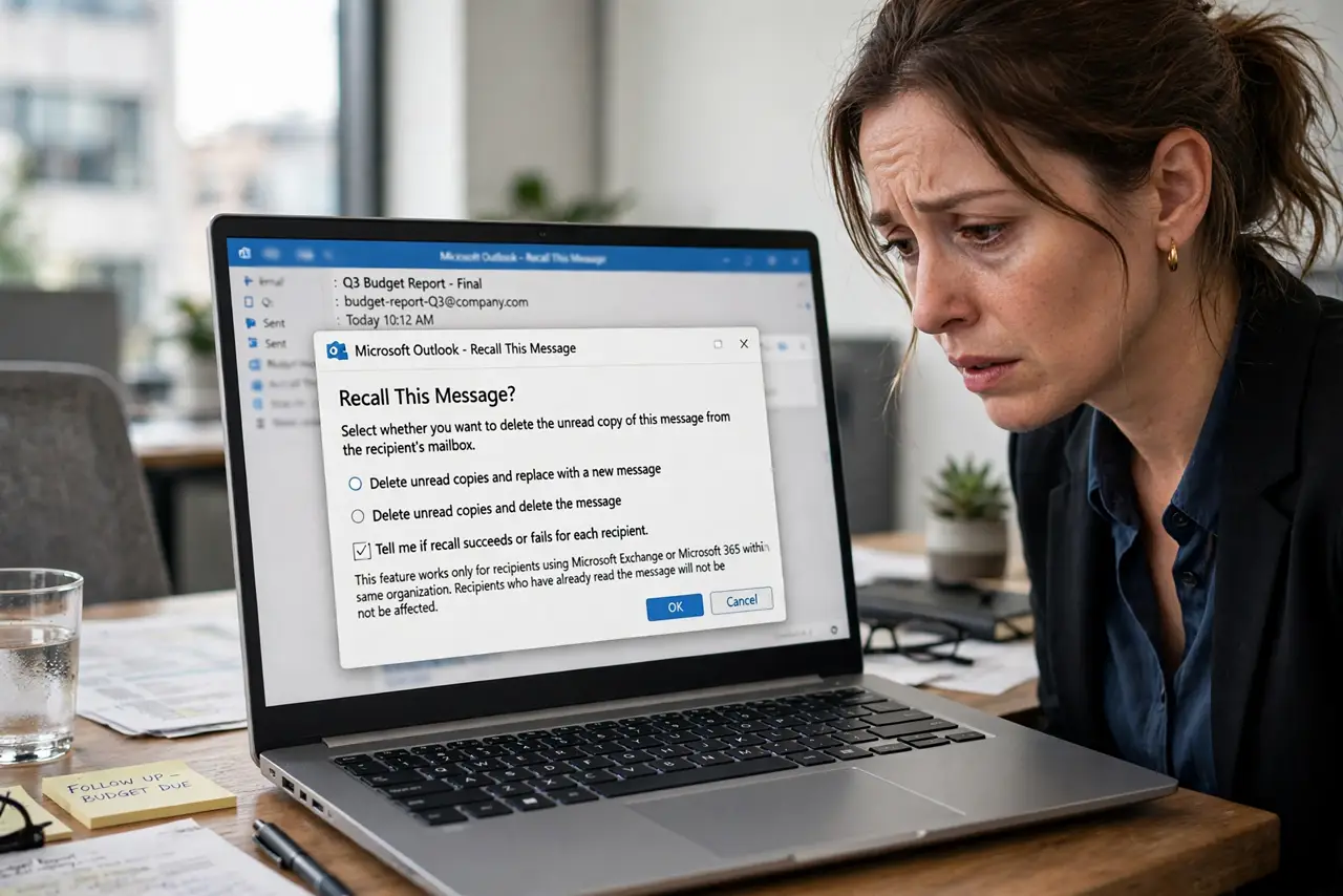 A stressed adult at a desk staring at a real Windows laptop showing the Outlook recall dialog with legible text, the person's face anxious, office.