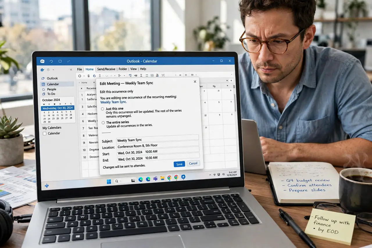 A person editing one meeting occurrence on a real laptop screen showing Outlook with an edit-single-instance dialog legible, the person's face focused, office desk.