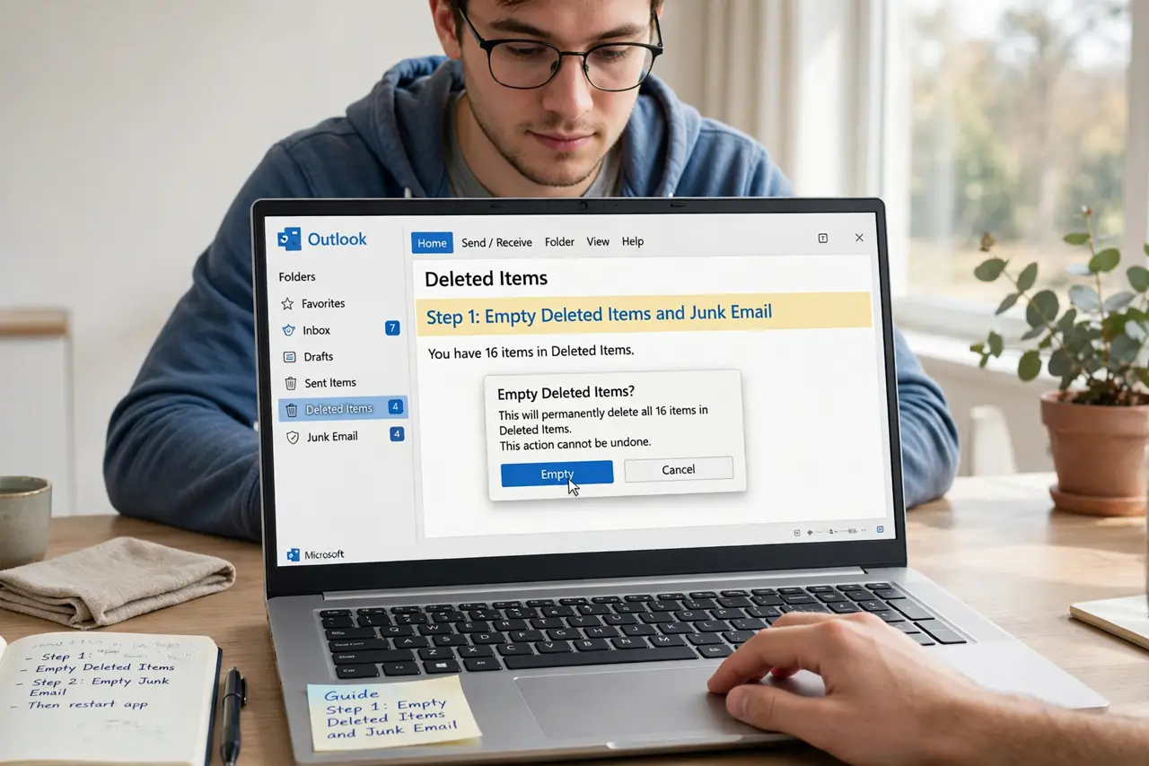 A person doing the guide's first step: Empty Deleted Items and Junk Email.