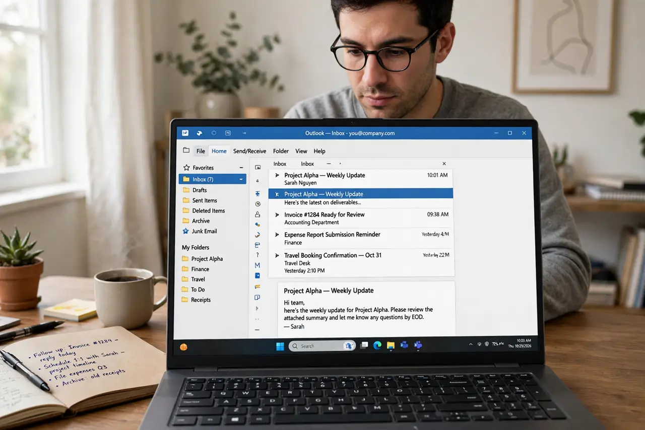 A person sorting email on a real laptop screen showing an Outlook folder list with legible folder names, a notebook beside them, the person's face focused, home office.