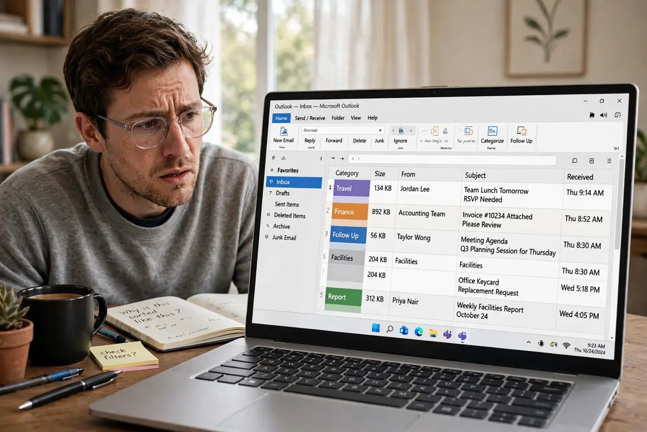 A person looking at a real laptop screen showing an Outlook inbox with a jumbled column layout, the person's face puzzled, home office.