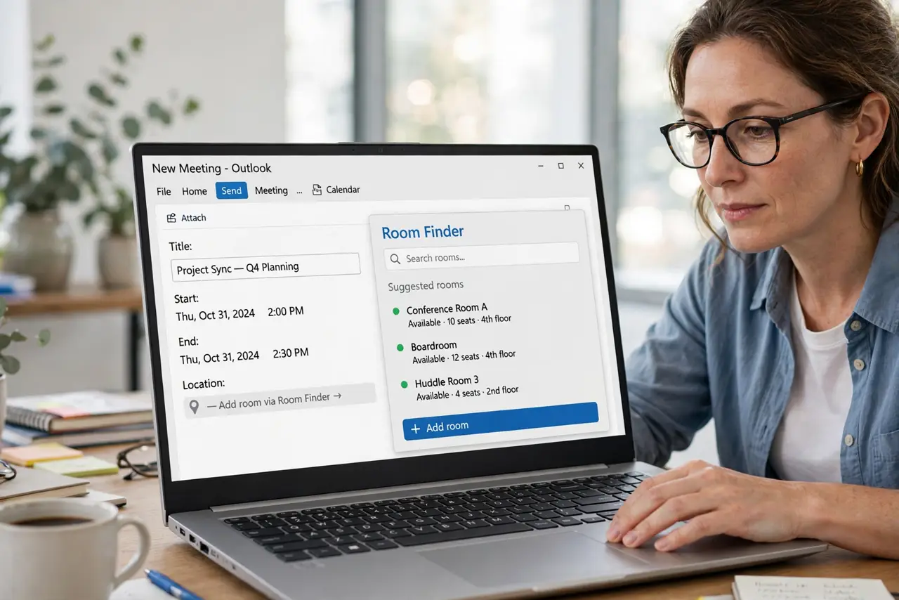 A person performing the first step: Open Room Finder on the invite. In the new meeting window, open the Room Finder pane — or Location field > Browse.
