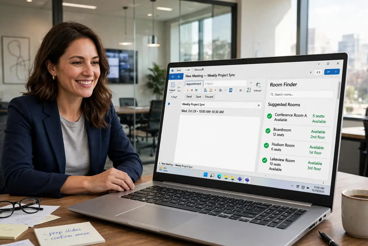 An adult at an office desk using a real Windows laptop showing the Room Finder pane with room list fully legible, a meeting room visible through office glass behind, the person's face satisfied.