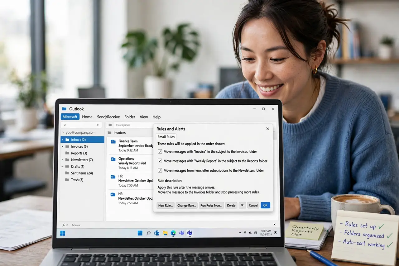 a person looking at a real laptop showing Outlook with the rules settings dialog open and emails auto-filed into folders, the person's face relieved, bright office. No black screen.
