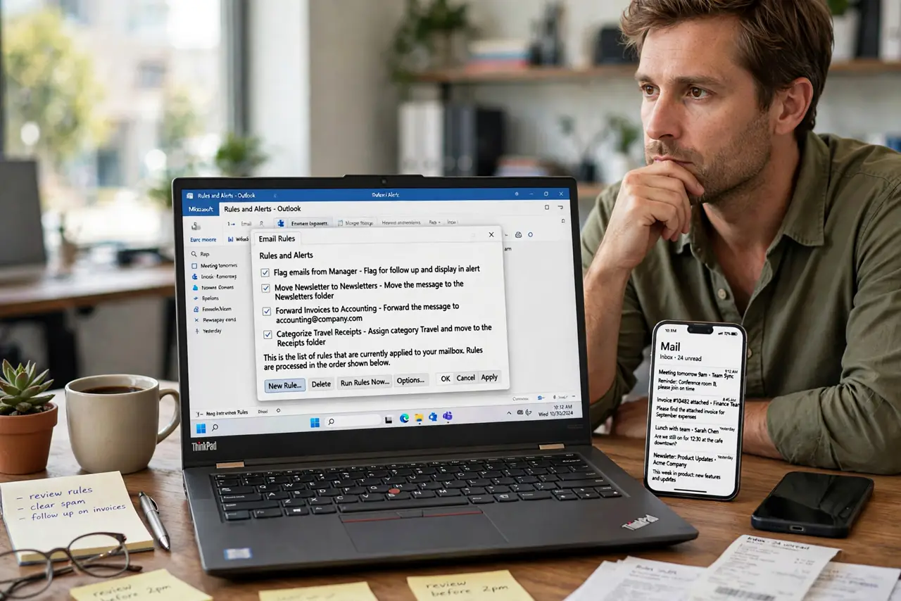 Outlook Rules: Server vs Client — a thoughtful adult at a desk with a real laptop showing Outlook's rules list with fully legible rule names, a