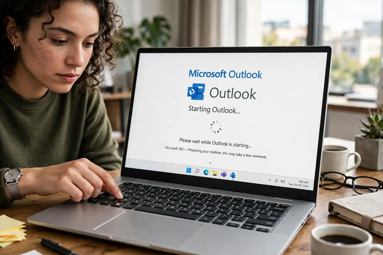 A person holding the Ctrl key on a real keyboard while a laptop screen shows Outlook launching, the person's face focused, office desk.