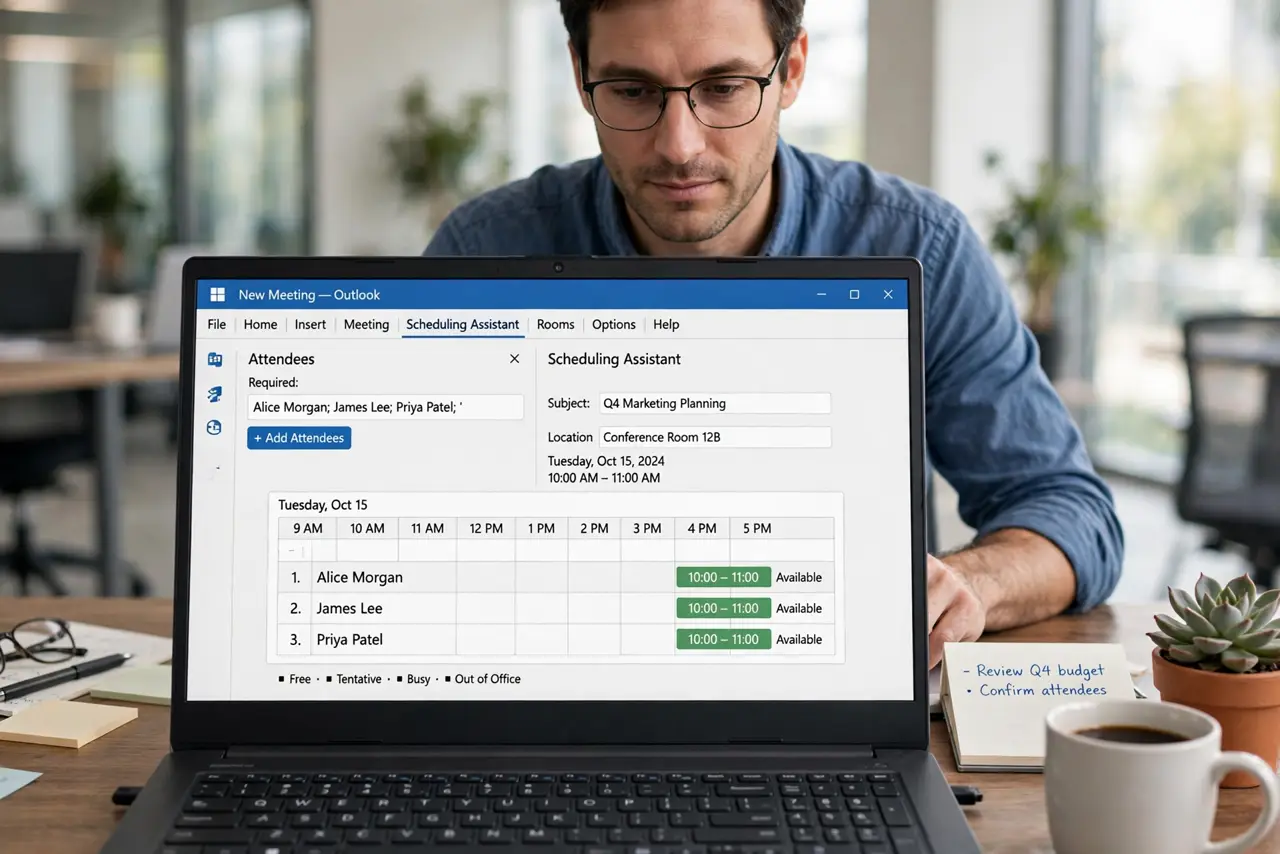 A person performing the first step: Open it on the invite. New meeting > Scheduling Assistant tab. Add attendees first — the grid is empty without them..