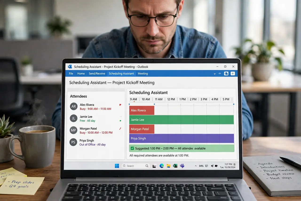 An adult at an office desk using a real Windows laptop showing the Scheduling Assistant grid close up with legible attendee rows, the person's face concentrated, office.
