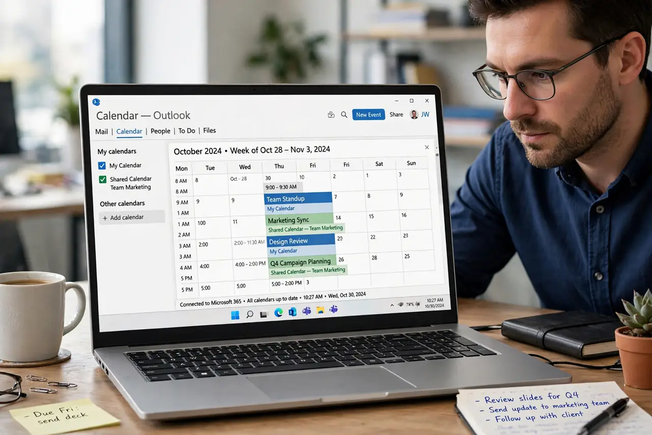 A person viewing two overlapping calendars on a real laptop screen showing Outlook calendar view with a shared calendar beside their own, the person's face focused, office desk.
