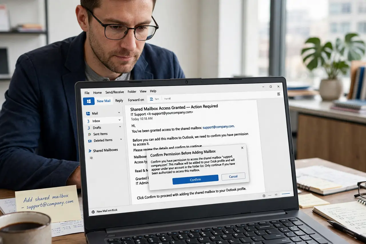 A person performing the first step: Confirm you have permission. Ask IT or the mailbox owner to grant you access. No permission, no mailbox — the add steps.