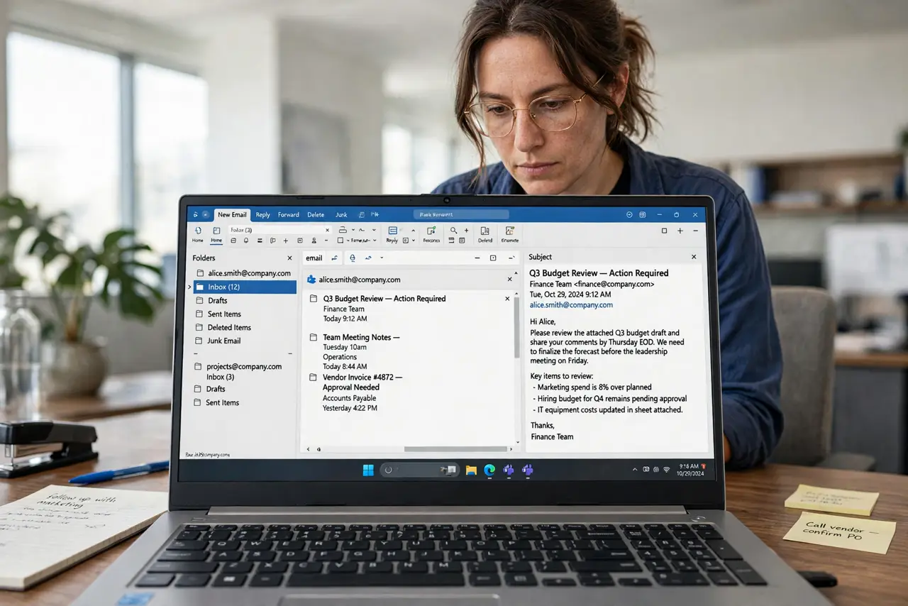 An adult at an office desk using a real Windows laptop showing Outlook with two mailboxes in the folder pane and legible text, the person's face focused, office.