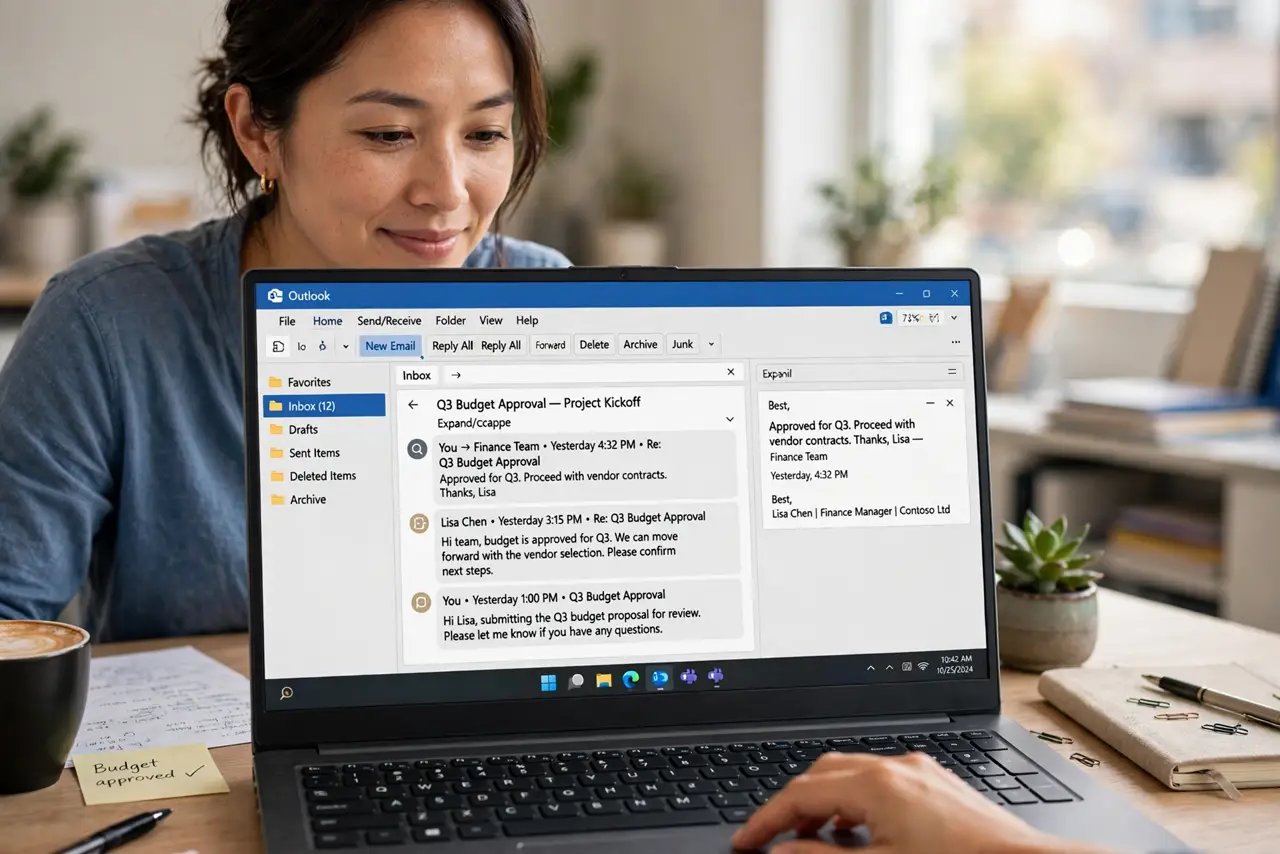 A person expanding a grouped conversation thread on a real laptop screen showing Outlook with an expandable email thread, the person's face relieved, office desk.